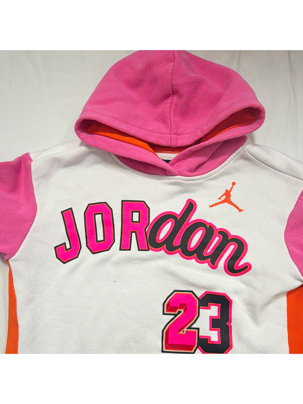 Jordan girls  XL White Pink Orange Pullover Fleece Hoodie Jumpman 23 Logo 13/15y